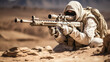 Ein Scharfschütze und Soldat wartet einsam in der Wüste auf den Start seiner Mission