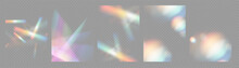 Crystal Light Glasses Effect Sparkle Prism Glare Reflection Effect. Banner Optical Rainbow Lights, Glare, Leak, Streak Overlay. Falling Confetti. Vector Banner Colorful Vector Lenses And Light Flares.