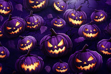 Halloween Pumpkins With Scary Faces On Purple Background.