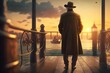 photo rear view old man wearing hat coat standing with his feet at the very edge of a pier with no rails beautiful golden light reflecting off the water sunset intricate details ray tracing octane 