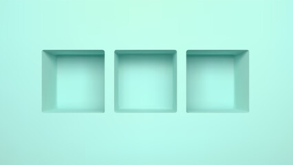 3d turquoise empty niche shelf wall box for gallery. Museum vector display frame bookshelf or exhibit hole. Green recess interior space for advertising. Open boutique small color rack mockup.