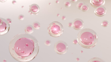 Aufkleber - Cosmetics 3D rendering Serum bubbles on a defocused background. Design of collagen bubbles. The Serum Concept and Moisturizing Essentials. Idea of vitamins for health and beauty. 