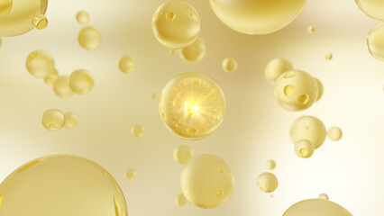 Poster - 3d cosmetics on a bright background, golden liquid bubbles. design of collagen bubbles. concept of m