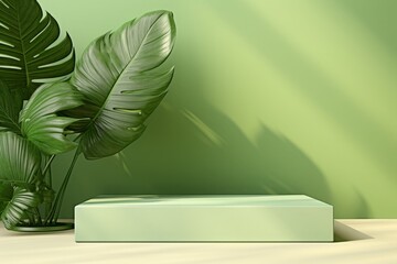 Beauty product photo background: smooth rectangular green podium in hard sunlight with monstera leaf on green background, negative space