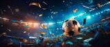 Fototapeta Sport - Soccer ball ! Close up of a soccer ball in the center of the football stadium illuminated by the headlights with falling confetti. Goal Winning celebration as its peak moment. Generative ai