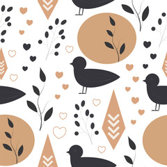 Wall Mural - Vector seamless pattern in Scandinavian style with birds and plant elements.
