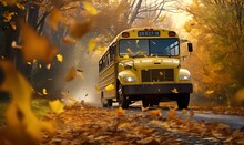 Yellow School Bus Car On The Road With Autumn Orange Leaves, Ai Generative