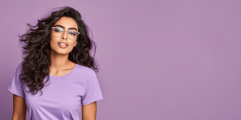 Wall Mural - Attractive indian woman wearing purple t-shirt and glasses. Isolated on purple background.