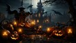 Halloween background with Evil Pumpkin. Spooky scary dark Night forrest with haunted house. Holiday event halloween banner	