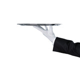 Fototapeta Mapy - Waiter holding an empty silver tray with copy space. PNG file, trnsparent background