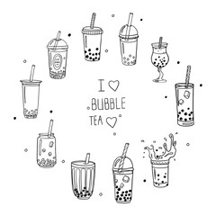 Wall Mural - Set of hand drawn bubble tea theme elements and lettering in doodle style. I love bubble tea. Vector illustration. Boba milk tea, pearl milk tea and yummy drinks banner. 