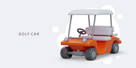 Realistic golf car in cartoon style. Color cart with open body. Mini vehicle for trips on golf course. Equipment for expensive sports. Vector color poster