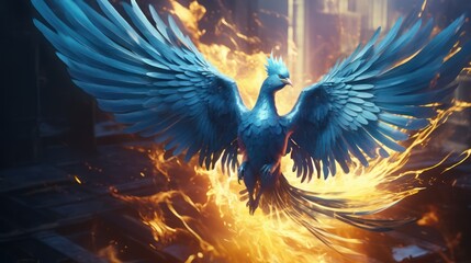 Wall Mural - Phoenix. Fire Phoenix risen from the ashes. Firebird. Burning bird. Eagle flying in the fire. Bird in the fire. Fantasy Fiery bird. Mythical Creature. Legend. Fairy. Isolated on black. Fire background