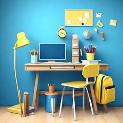 Poster - desk in classroom School desk with school accessory and yellow bag. Generated ai