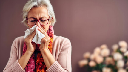 A senior woman who handles a runny nose with poise and a white paper tissue against a bright studio background.