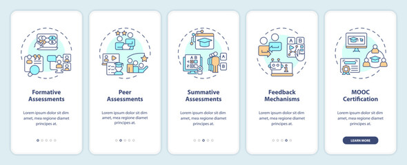 2D icons representing MOOC mobile app screen set. Walkthrough 3 steps multicolor graphic instructions with thin line icons concept, UI, UX, GUI template.