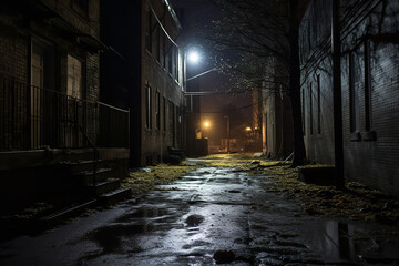 Poster - The dim glow of a streetlamp casts shadows along a narrow, deserted alleyway, creating an atmosphere of mystery and suspense