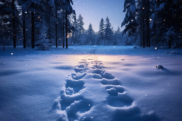 Poster - A trail of mysterious footprints appear in freshly fallen snow, leading into the dark forest ahead