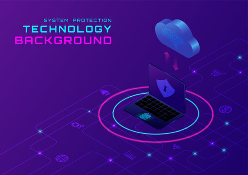 3d protection technology Logging into the cloud computer data exchange system using a laptop with fingerprint scanning. Icons and circuits below the left corner have space to place text.