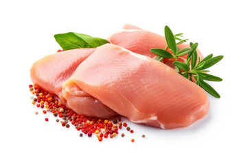 Chicken breast meat and herbs isolated on white, Generative AI