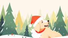 Golden Retriever In Winter Christmas Forest, Atmosphere With Trees, Gifts, Santa Hat, Red Bow, Flat Design Style, Illustration For Greeting Cards, Postcards, Flyers