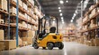 Warehouse full of shelves with goods in cartons, with pallets and forklift. Logistics and transportation blurred background