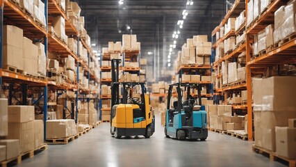 Wall Mural - Warehouse full of shelves with goods in cartons, with pallets and forklift. Logistics and transportation blurred background