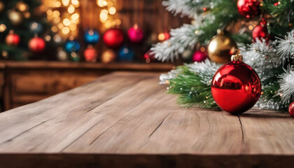 Wall Mural - Table with christmas tree and decorations and copy space christmas card