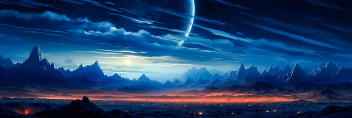 Canvas Print - Image of alien landscape with mountains and planet in the background.