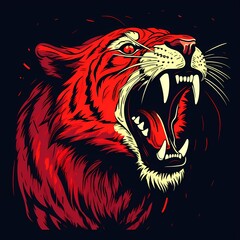 Wall Mural - Red and yellow tiger with its mouth open on black background.