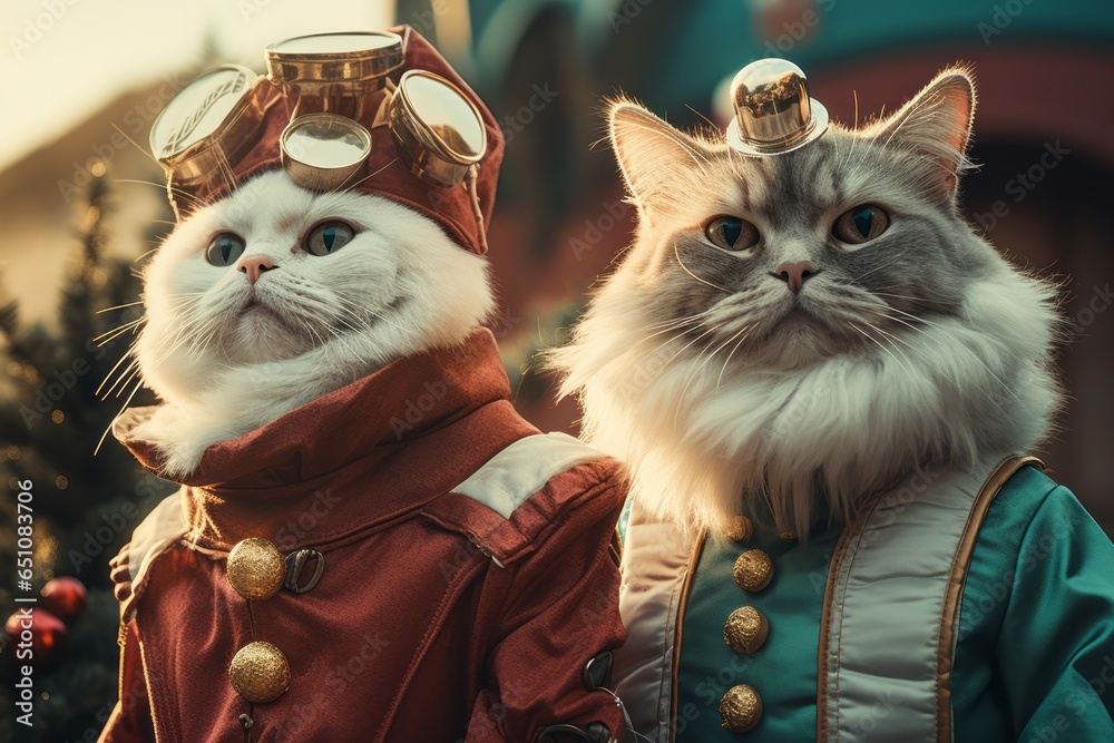 Two cats in fashionable style. Animal as a human in modern luxury rich ...
