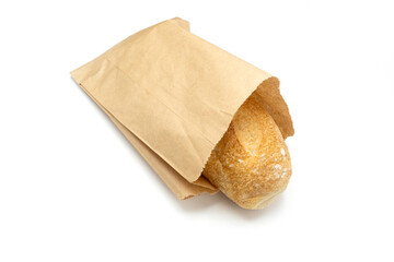 Wall Mural - Baguette bread in brown paper bag isolated on white background.