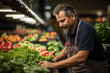 © sofiko14 - Caucasian male seller puts fresh vegetables and greenery on the shelf