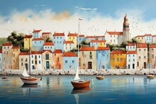 A Quaint Seaside Town With Whimsical Houses And Boats, Capturing The Essence Of A Nostalgic European Summer. Generative AI