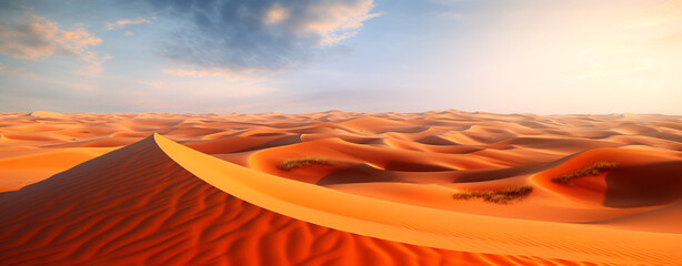 Wide panorama of the Sahara desert with dunes. Generative Ai