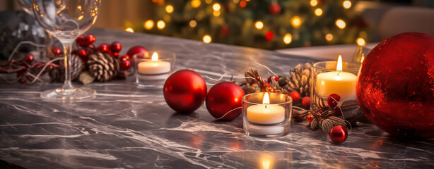 Sticker - marble tabletop with Christmas tree decorations and candles. Generative Ai