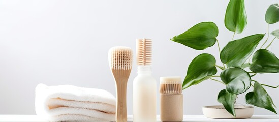 Sticker - Environmentally friendly bamboo toothbrushes glass toothpaste wooden brush konjaku sponge on white wood with green monstera leaves No waste no plastic