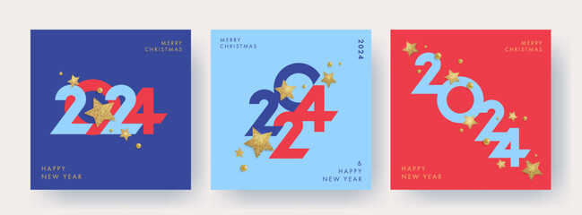 Wall Mural - Creative concept of 2024 Happy New Year posters set. Design templates with typography logo 2024 for celebration and season decoration. Minimalistic trendy backgrounds for branding, banner, cover, card