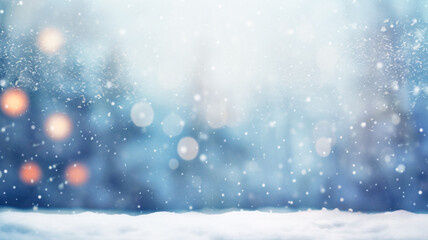 Wall Mural - snowy christmas background with blur effect, falling snow flakes and sun rays