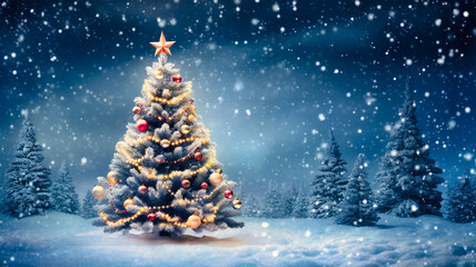 Wall Mural - christmas tree illuminated in winter snow forest at night