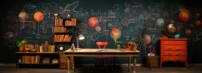 chalkboard wallpaper with education materials, books and science equipments on the desk and cupboard