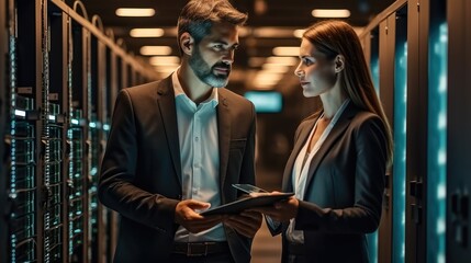 Two IT server technicians talking in a data centre and discussing software and malware system, Professional computer engineers.