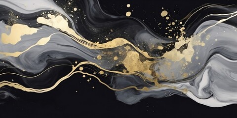 Wall Mural - Abstract marble marbled ink painted painting texture luxury background banner - Black gray swirls gold painted splashes. Generated by AI.