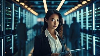 Aufkleber - Female Technician working in server room or supercomputer electricity backup room.