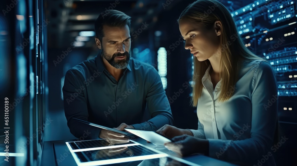 Computer Programmers Working Mainframe Two IT man and woman using a digital tablet while working in a data ...
