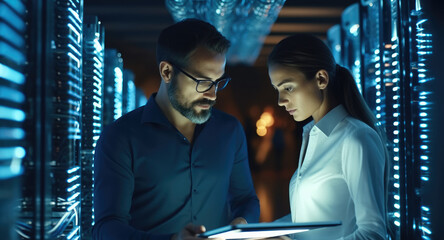 Poster - IT Engineer man and woman using laptop diagnostics or doing maintenance in server room.
