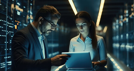 Poster - IT advisors working and discussing in Server room.
