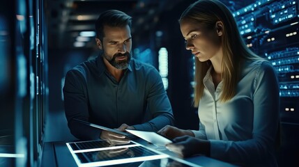 Poster - Two IT man and woman using a digital tablet while working in a data centre, Professional computer engineers, Developers and programmers planning data coding interface for mainframe.