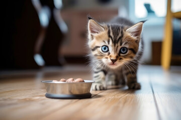 Domestic kitty with food bowl. Concept of kitten food selection