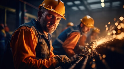 Poster - Industrial workers are working on a project at heavy industry factory.